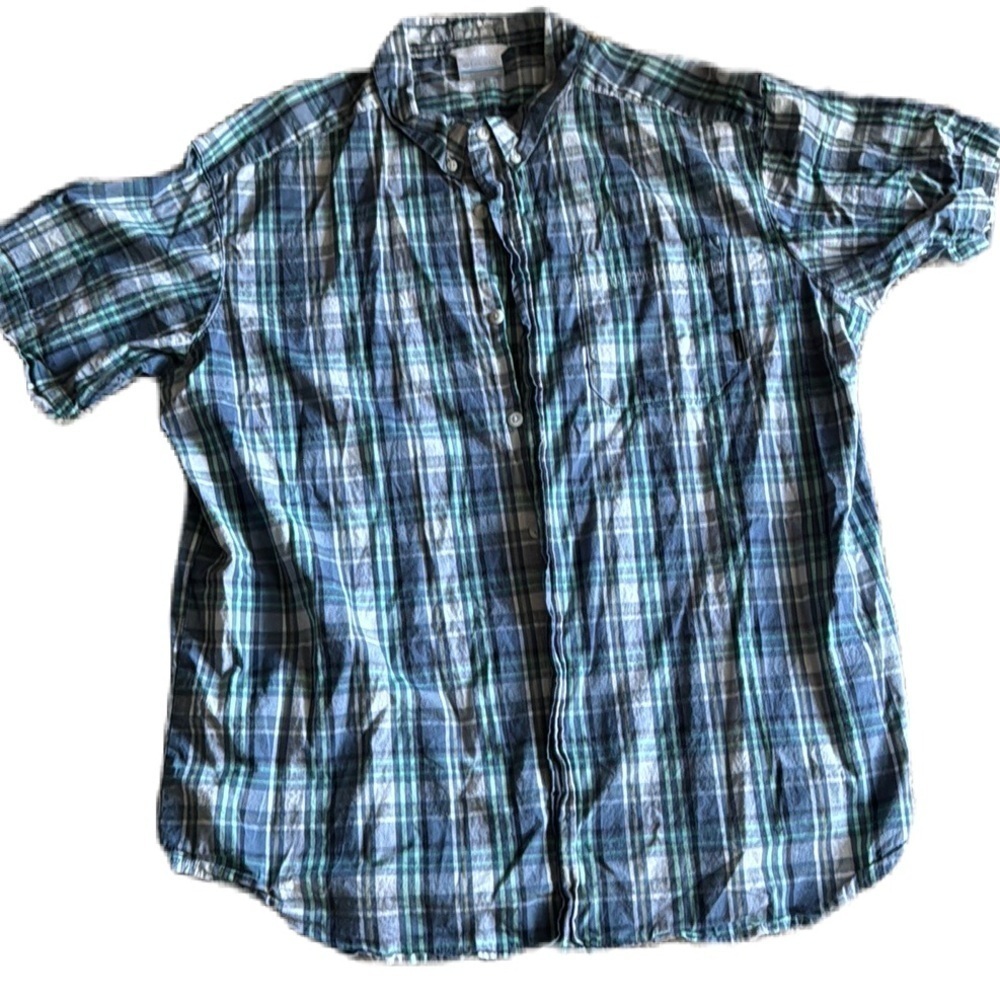 Columbia Men's Short Sleeve Plaid Button Down Shirt Blue/Green Size XL EUC